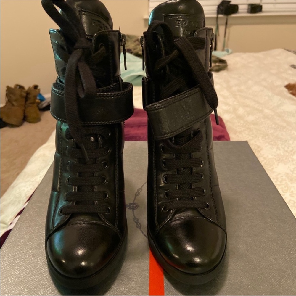 Prada Black Leather High-Heel Lace-Up Ankle Boot with Strap - Picture 3 of 7